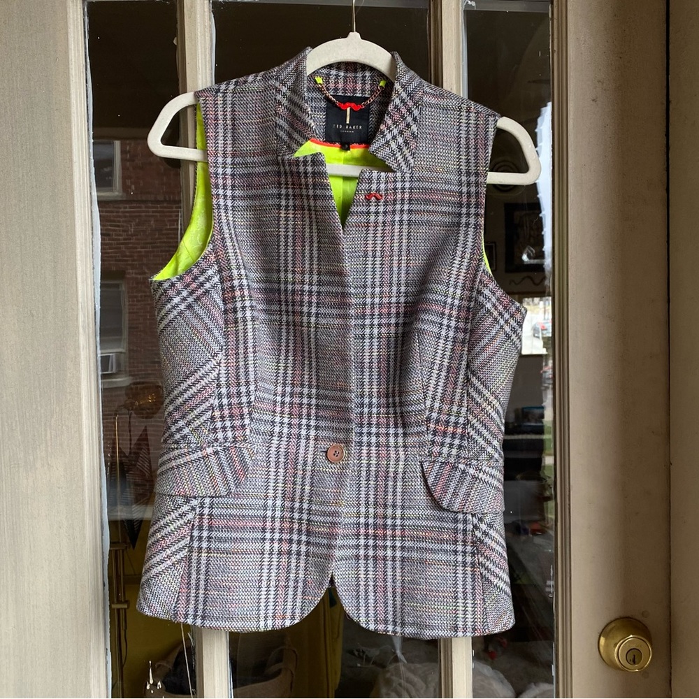 NWOT Ted Baker London Plaid Woven Waistcoat/ Vest w Moustache Pin & Green Lining